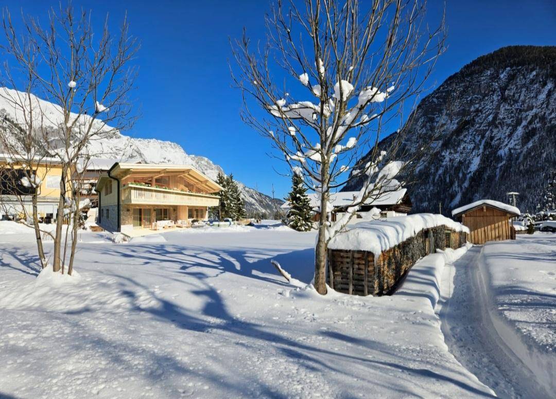 Gebäude in einer verschneiten Landschaft mit gestapeltem Holz und Bergen im Hintergrund.
