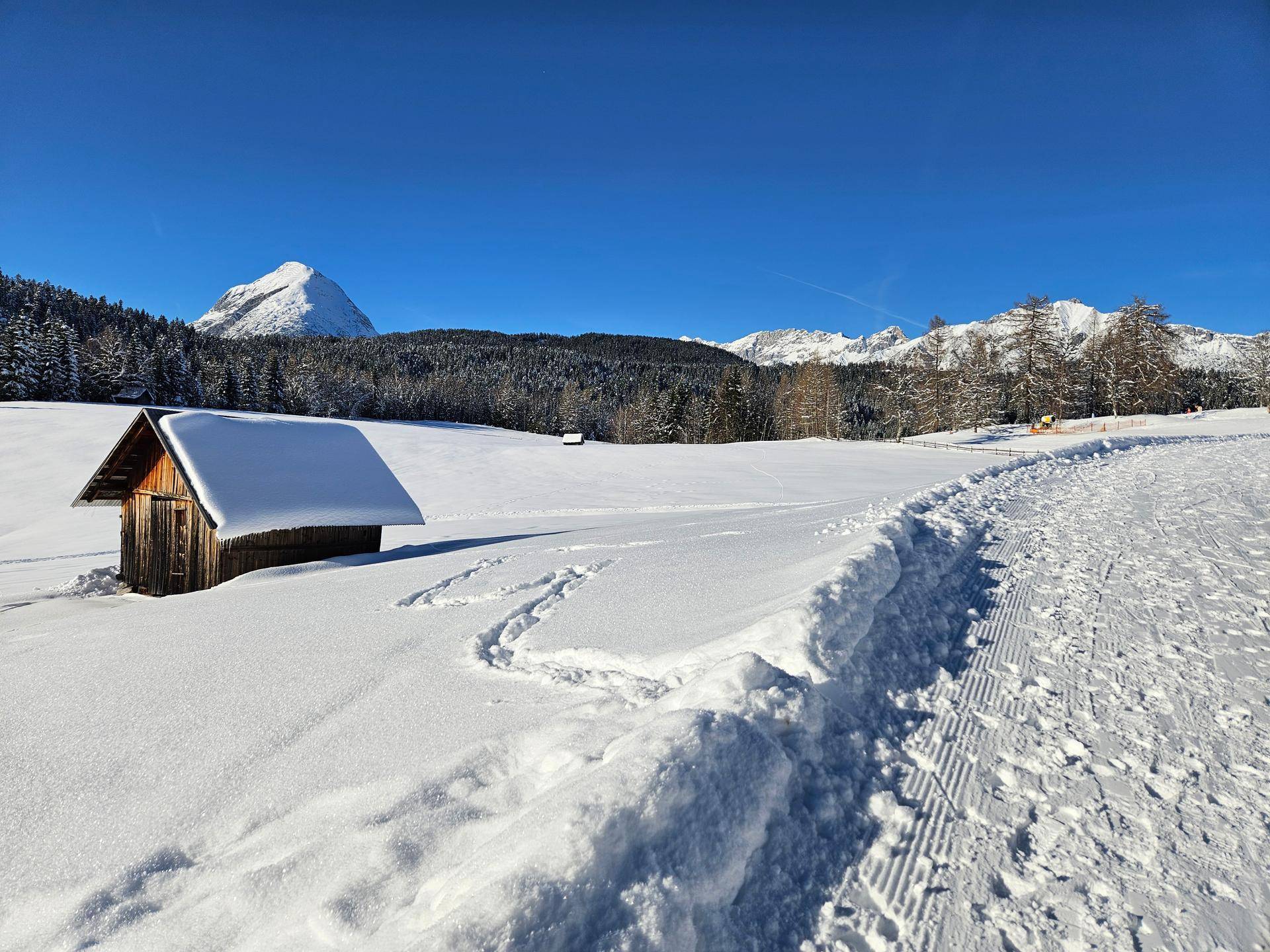 Kleine Holzhütte in einem weiten, verschneiten Feld mit Bergen im Hintergrund.