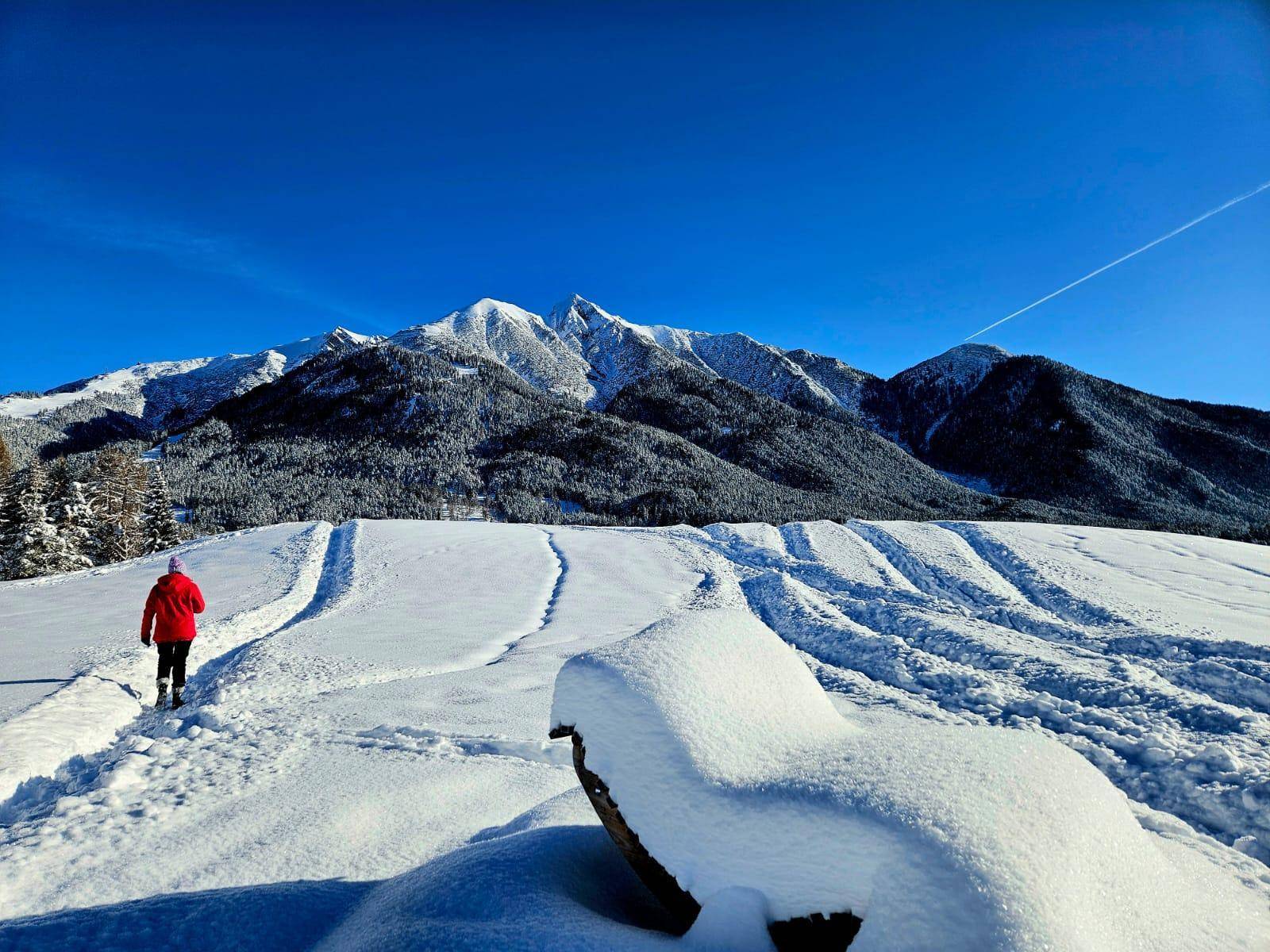 Eine Person geht durch tiefen Schnee auf einem Feld mit schneebedeckten Bergen im Hintergrund.