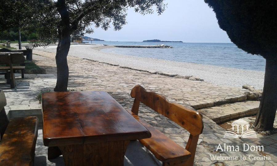 Malerischer Strandbereich mit Holztischen und Bänken, direkt am Meer gelegen, ideal für Erholung.
