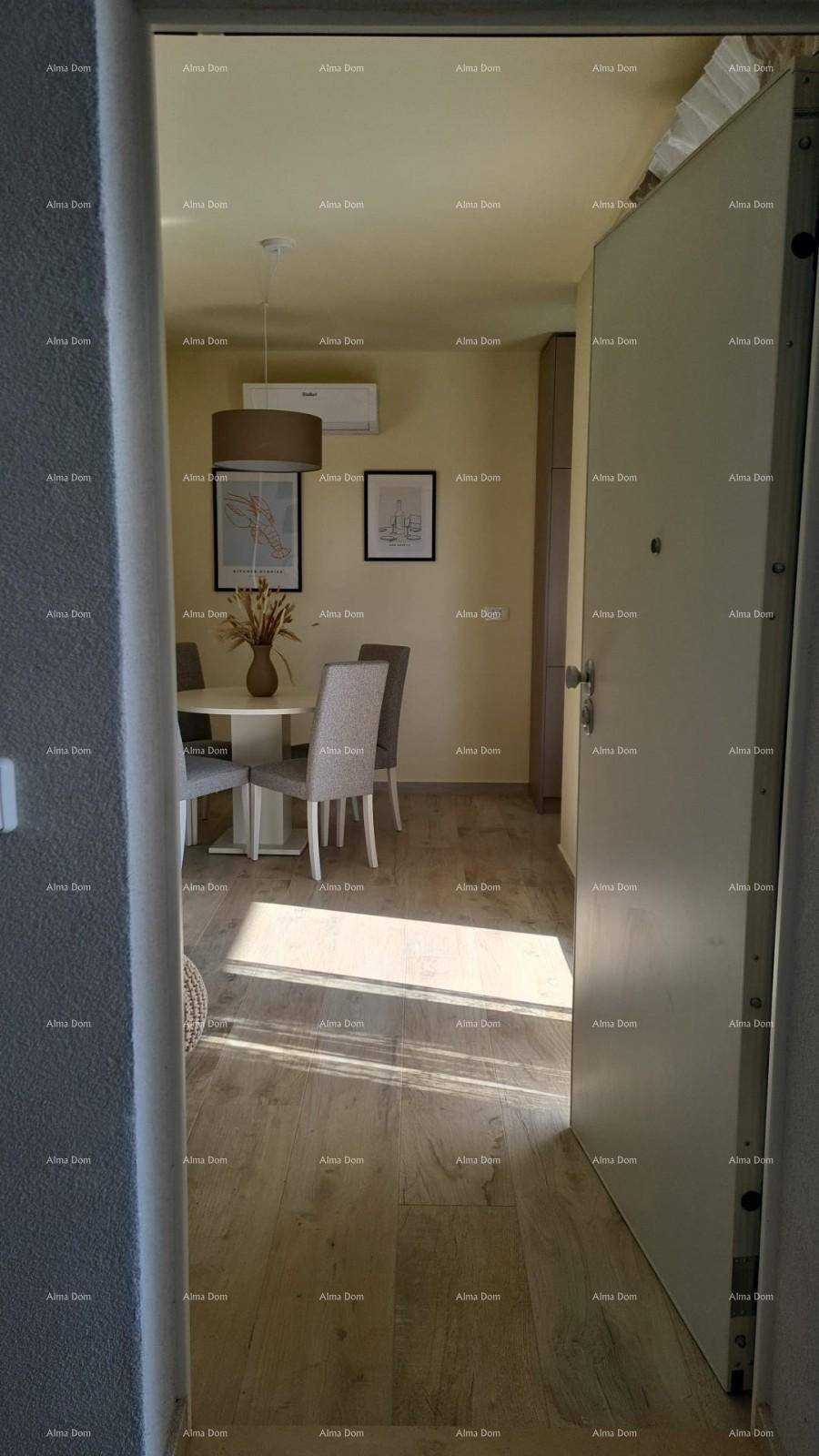 Eingangsbereich mit Blick in den hellen Wohn-Essbereich, ausgestattet mit Holzboden und moderner Einrichtung.