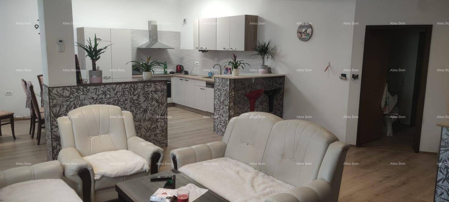 Geräumiger offener Wohn- und Essbereich mit integrierter Küche und bequemen Sofas.