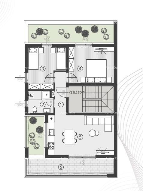 Grundriss einer Wohnung mit zwei Schlafzimmern, offenem Wohnbereich und Terrasse.