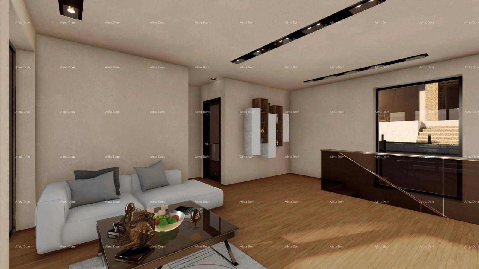Modernes Wohnzimmer mit Holzboden, bequemen Sofas und minimalistischer Einrichtung.