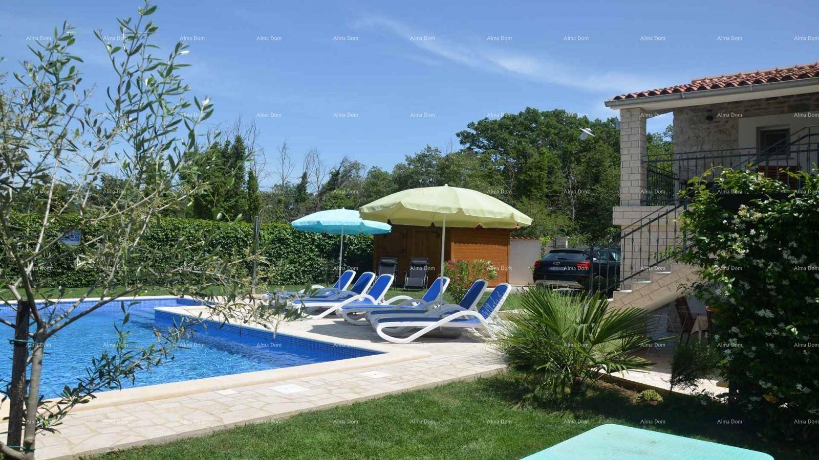 Gepflegter Garten mit Pool, Sonnenschirmen und einem geparkten Auto neben dem Haus.