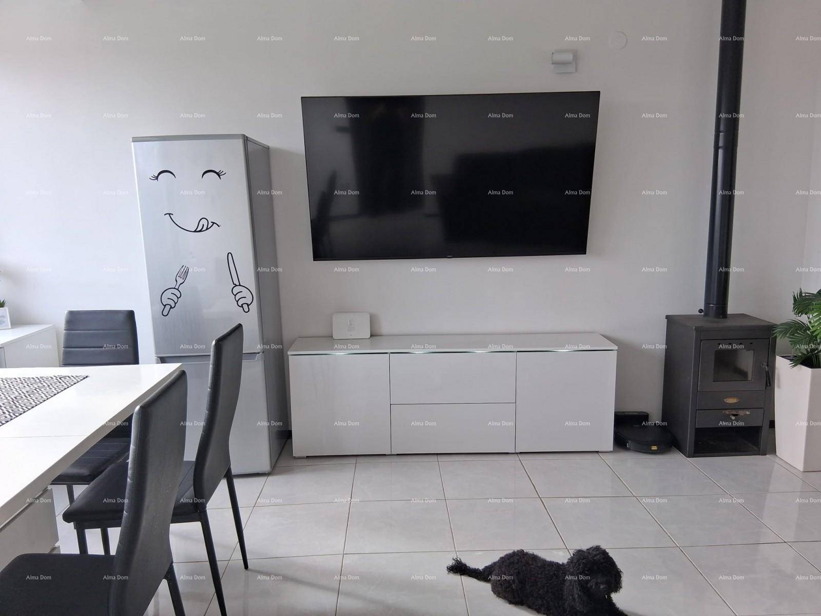 Wohnbereich mit Wandfernseher, Kühlschrank und gemütlichem Kaminofen.