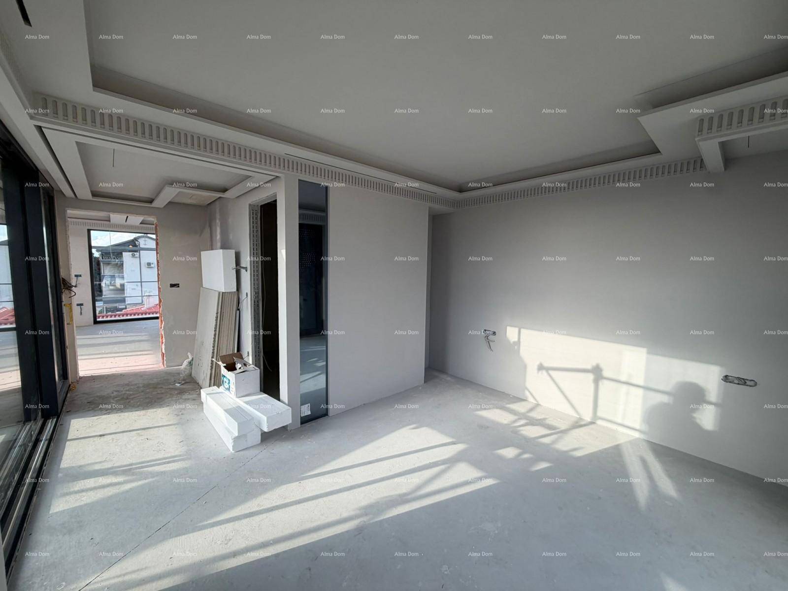 Heller Rohbau-Raum mit dekorativen Deckenleisten und großen Fenstern, die Sonnenlicht hereinlassen.