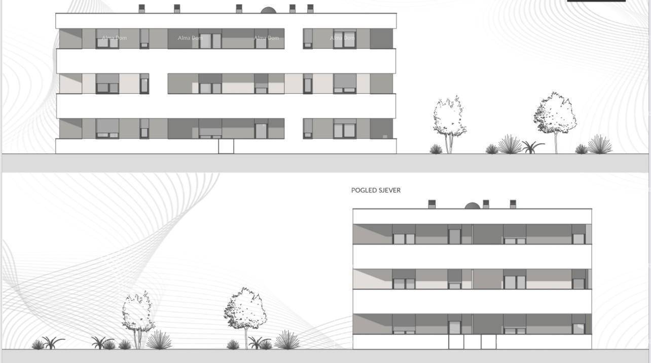 Architektonische Ansicht der Nordseite des Gebäudes mit Balkonen und Fenstern.
