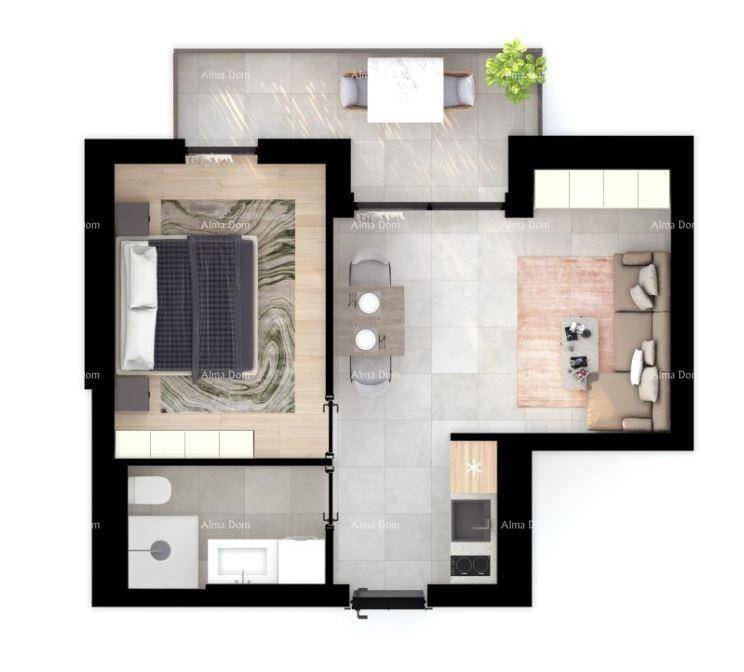 Grundriss einer Wohnung mit Schlafzimmer, Bad, offener Küche und Terrasse.
