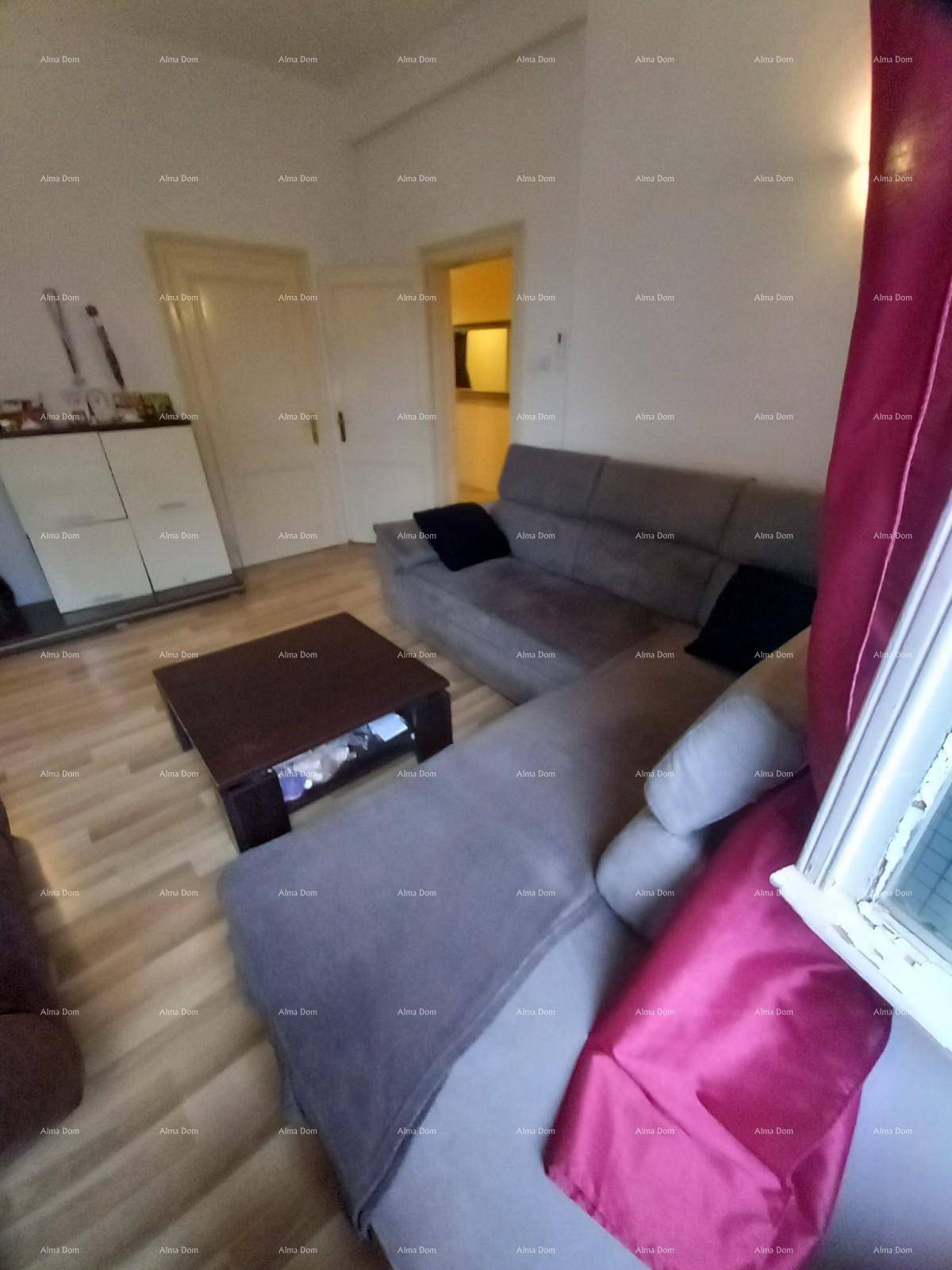 Wohnzimmer mit großem Sofa, Couchtisch und Holzboden, durch eine Türöffnung gesehen.