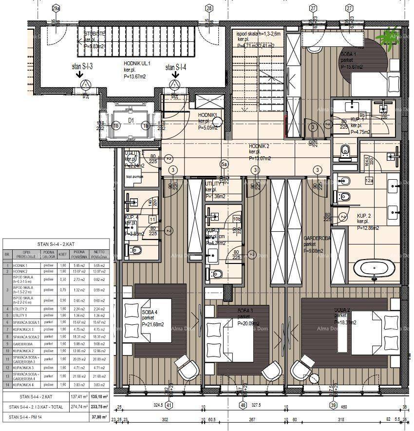 Grundriss des Obergeschosses mit drei Schlafzimmern, zwei Bädern und Ankleidezimmer.