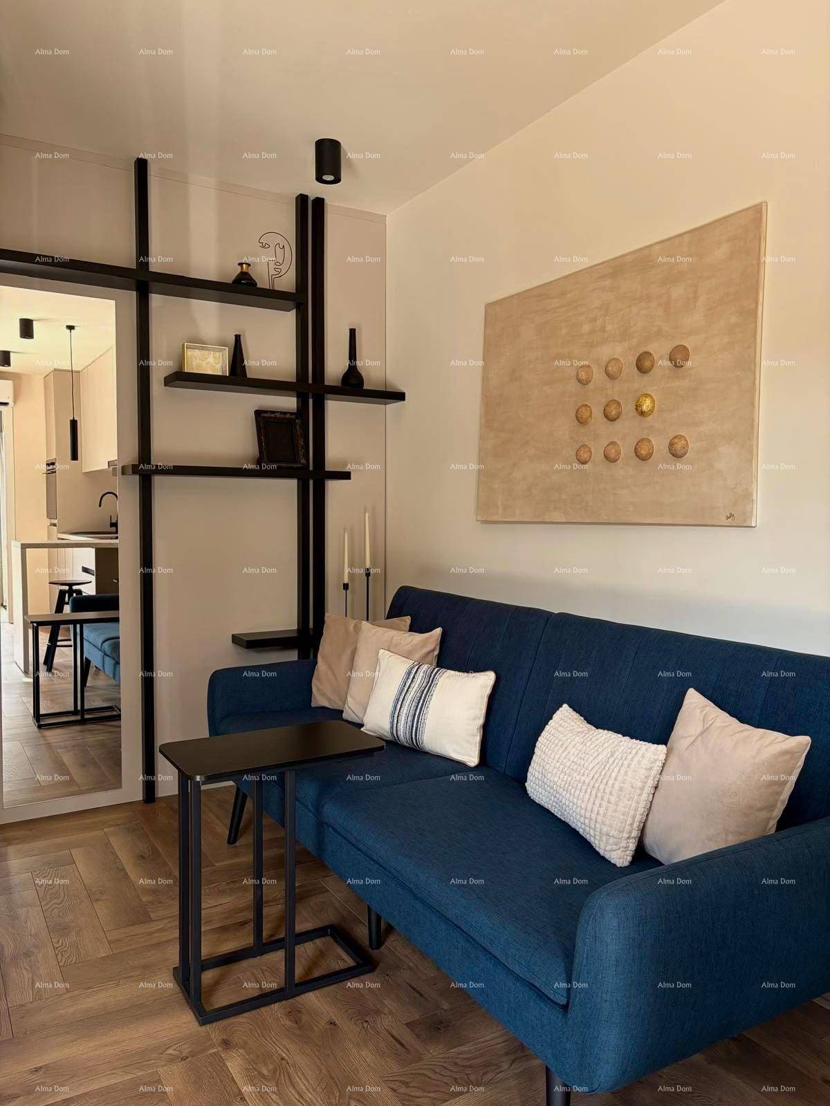 Gemütliches Wohnzimmer mit blauem Sofa, dekorativen Kissen und modernem schwarzen Regal.