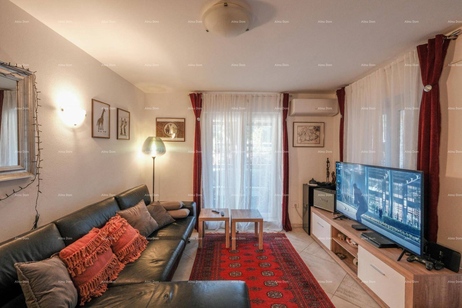 Gemütliches Wohnzimmer mit dunklem Ledersofa, Fernseher und rotem Teppich.