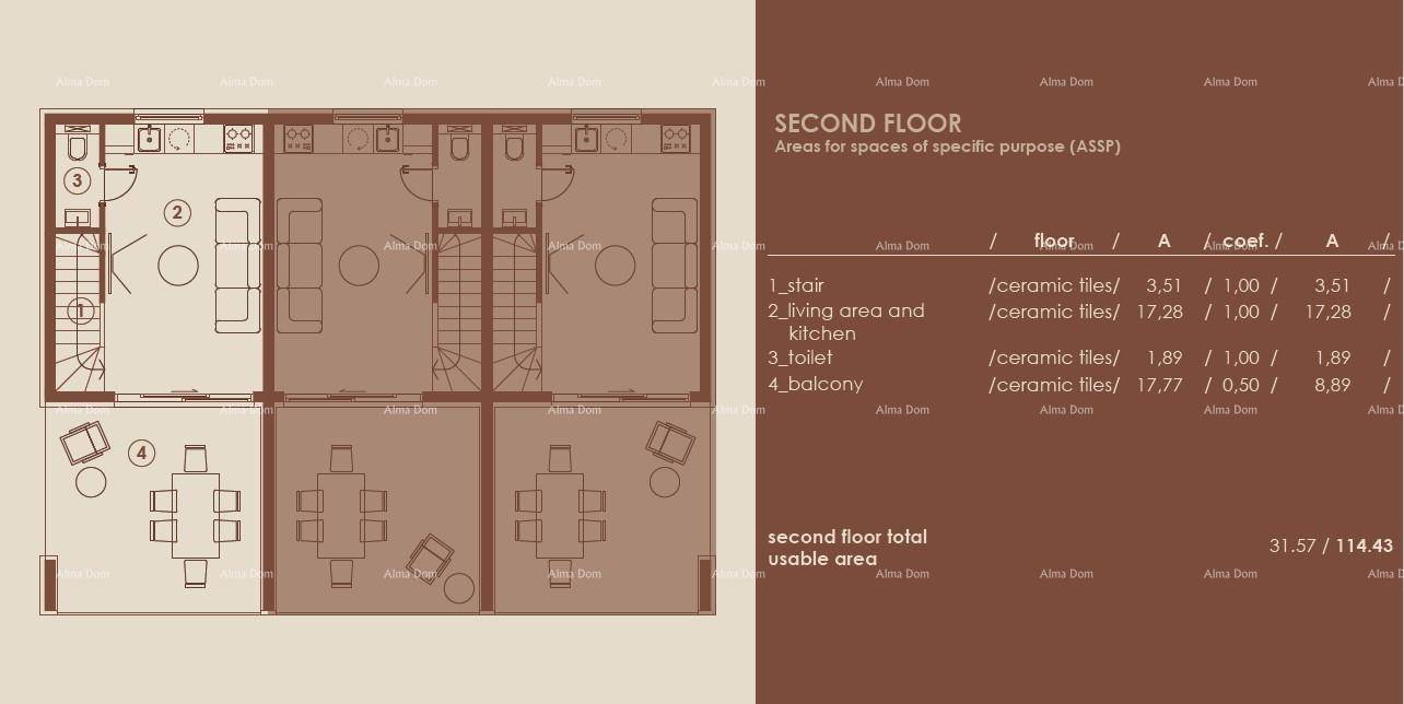 Grundriss des zweiten Obergeschosses mit Wohnbereich, Küche und Balkon.
