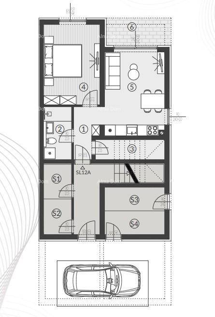 Grundriss einer Wohnung mit Schlafzimmer, offenem Wohnbereich, Küche, Bad und Parkplatz.