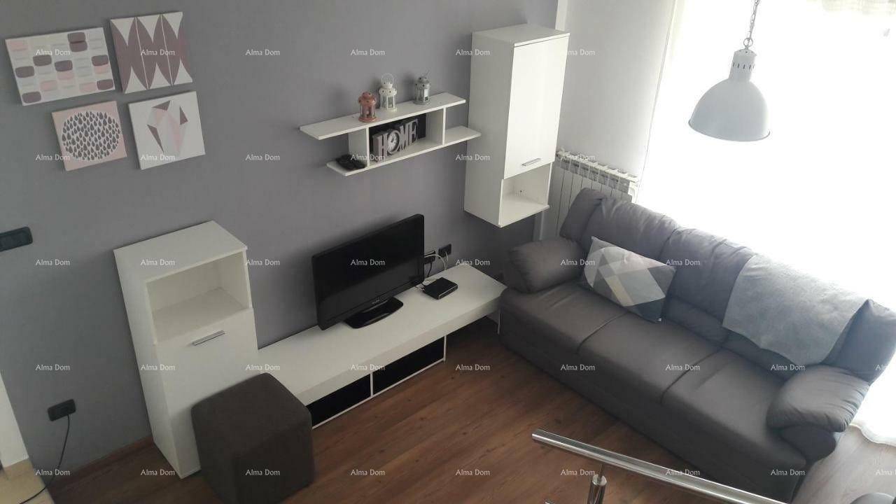 Modern eingerichtetes Wohnzimmer mit grauem Sofa, Holzboden und minimalistischen Wandregalen.