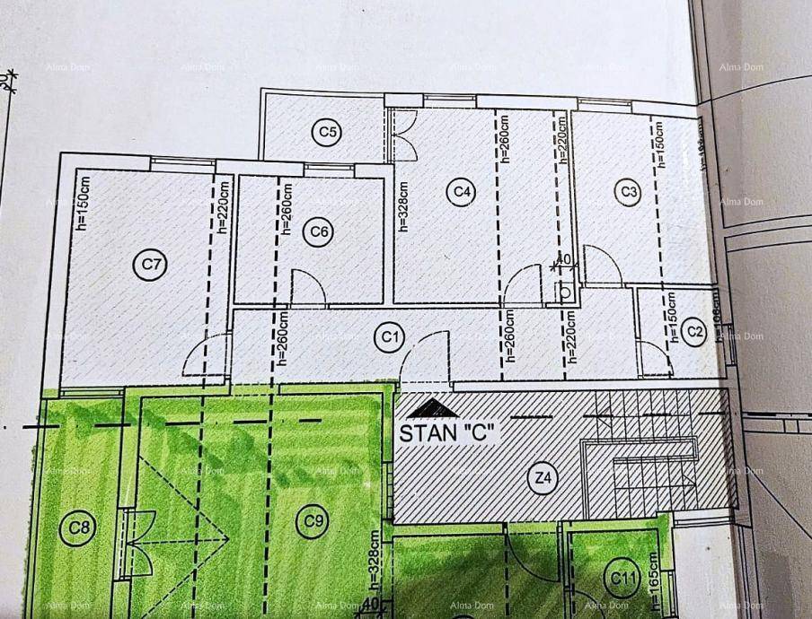 Detaillierter Grundriss mit Raumaufteilung und markierten Außenbereichen für eine Wohnung.