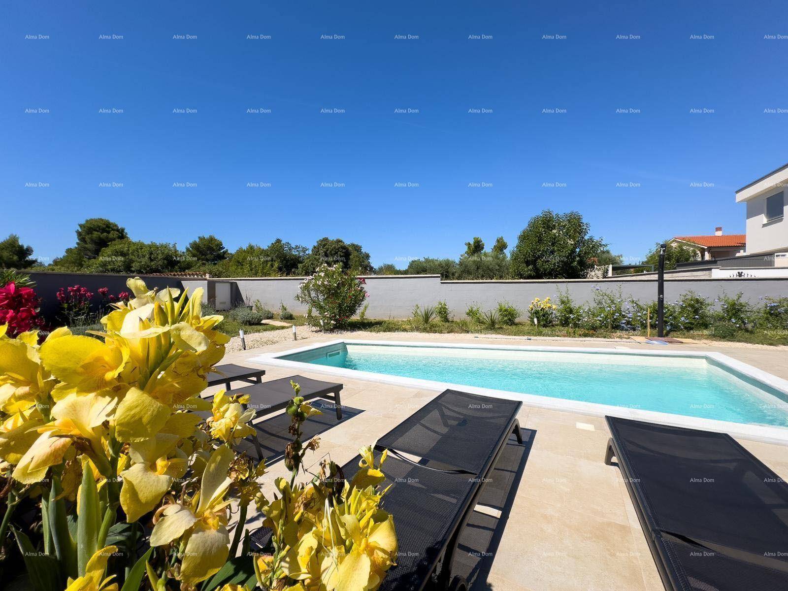 Poolbereich mit bequemen Sonnenliegen und leuchtend gelben Blumen im Vordergrund.