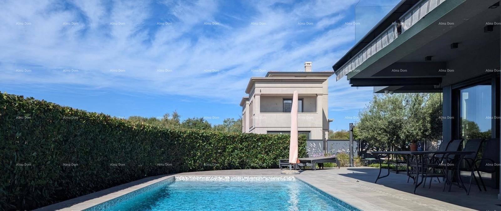 Weitläufiger Außenbereich mit Pool, hoher Hecke und Blick auf das Nachbargebäude unter blauem Himmel.