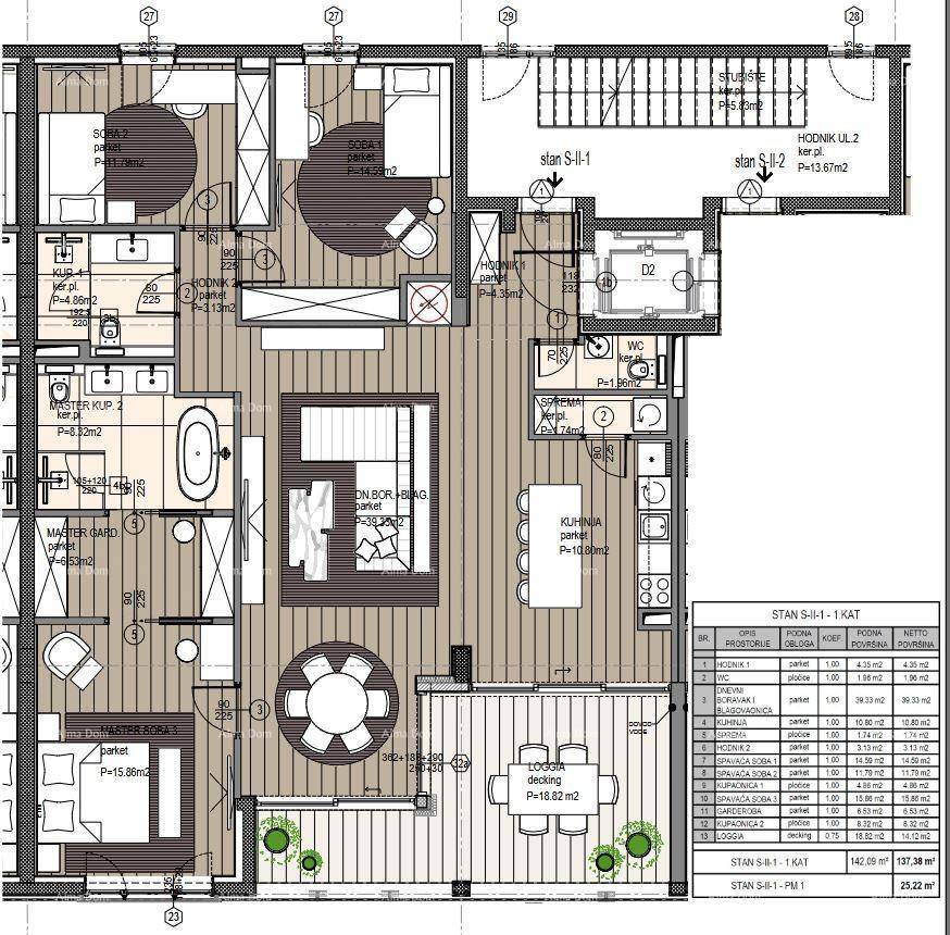 Detaillierter Grundriss einer Wohnung mit mehreren Zimmern, Bädern und Loggia.