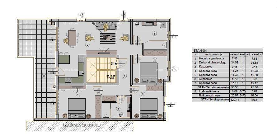 Detaillierter Grundriss einer Wohnung mit offenem Wohnbereich, drei Schlafzimmern und zwei Bädern.