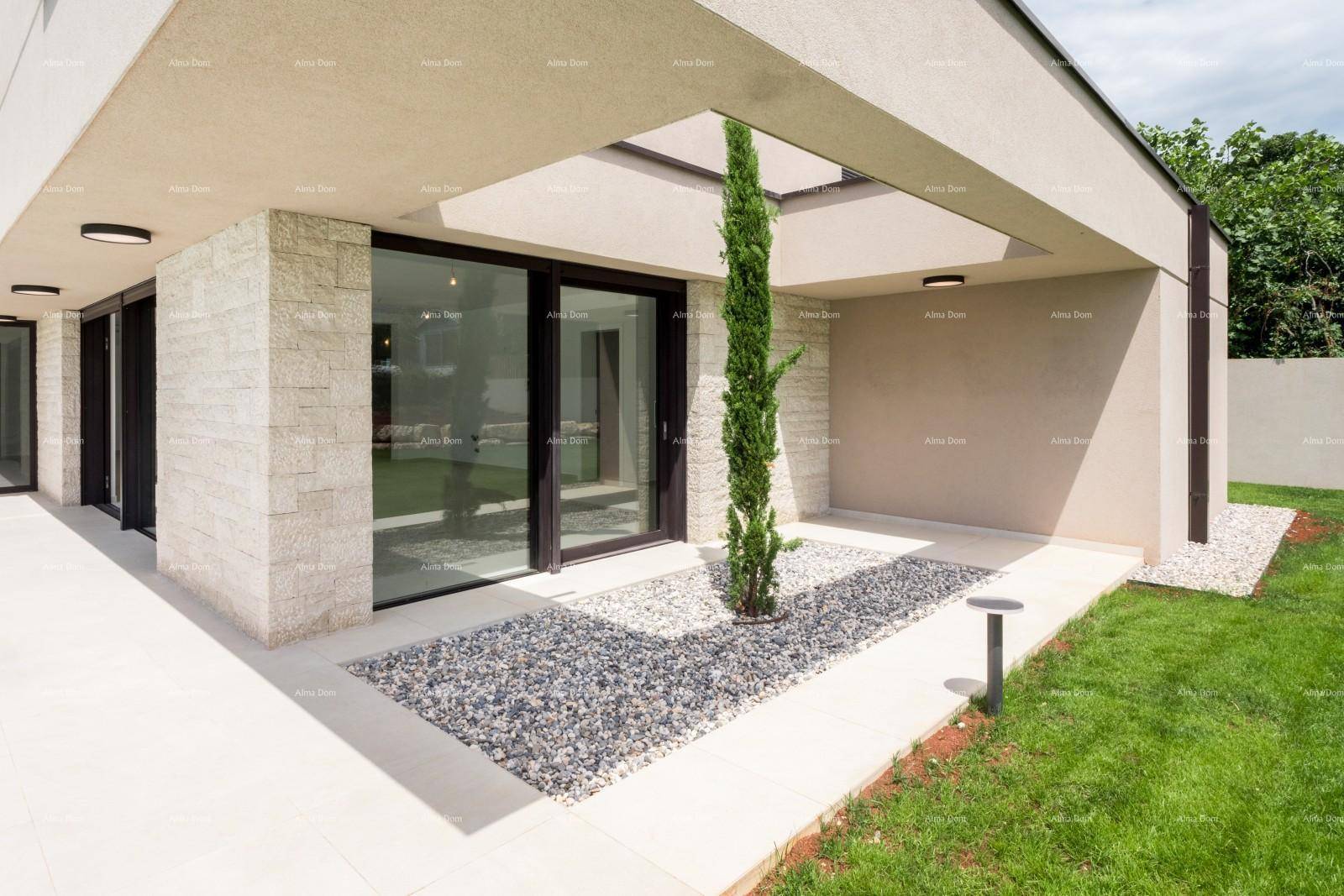 Moderne Terrasse mit Kiesbeet, Zierbaum und Zugang zum Gartenbereich.