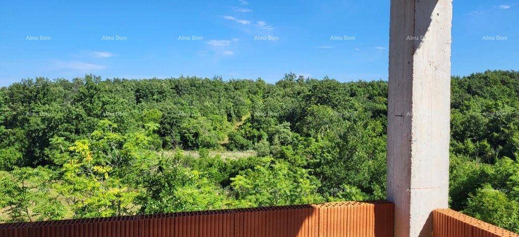 Blick von einem Rohbau auf eine weite grüne Waldlandschaft unter klarem, blauem Himmel.
