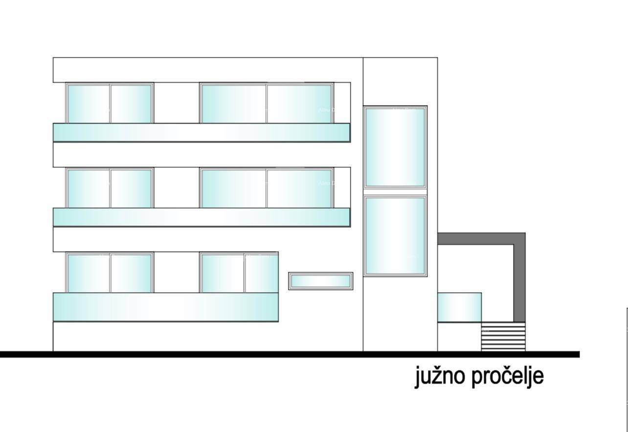Architektonische Zeichnung der Südfassade mit mehreren Balkonen und großen Glasflächen.