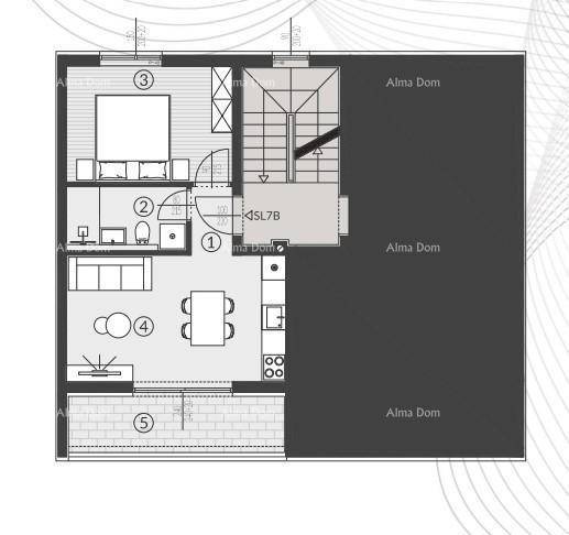 Grundriss einer Wohnung mit Schlafzimmer, Bad, offenem Wohnbereich und Loggia.