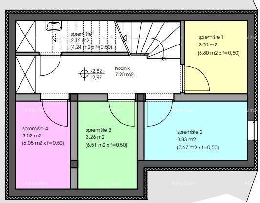 Grundriss des Untergeschosses mit Abstellräumen, Flur und Treppenaufgang.