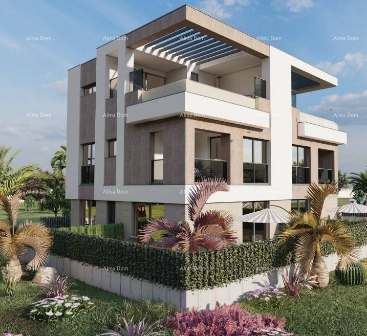 Elegante moderne Architektur mit klaren Linien, Balkonen und einer Pergola auf dem Dach.