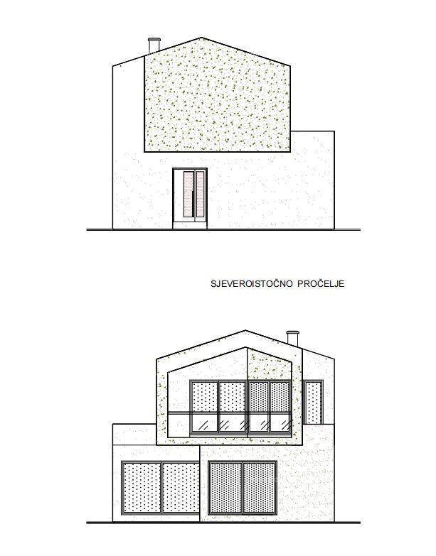 Architektonische Zeichnung der Nordostfassade eines Gebäudes mit großen Glasflächen und moderner Gestaltung.