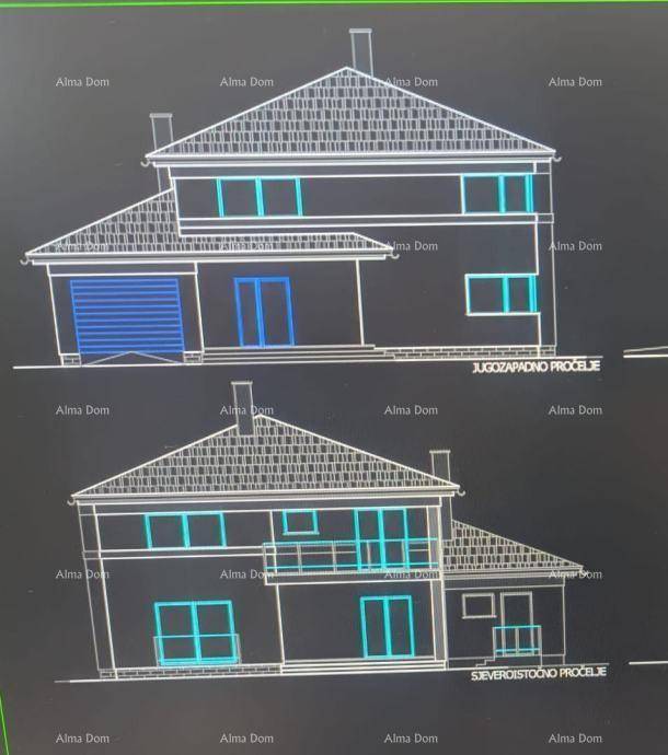 Architektonische Zeichnung der Gebäudefassaden mit Dach und Fenstern, die die Außenseite des Hauses zeigen.