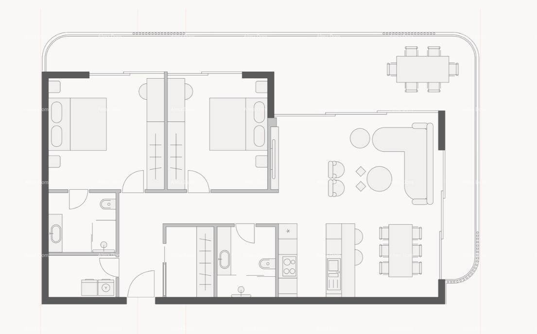 Grundrissplan einer Wohnung mit zwei Schlafzimmern, offenem Wohnbereich und großer Terrasse.