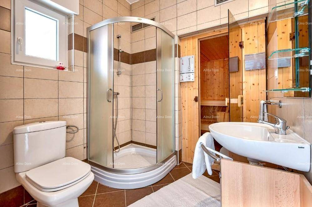 Badezimmer mit Dusche, WC, Waschbecken und integrierter Sauna.