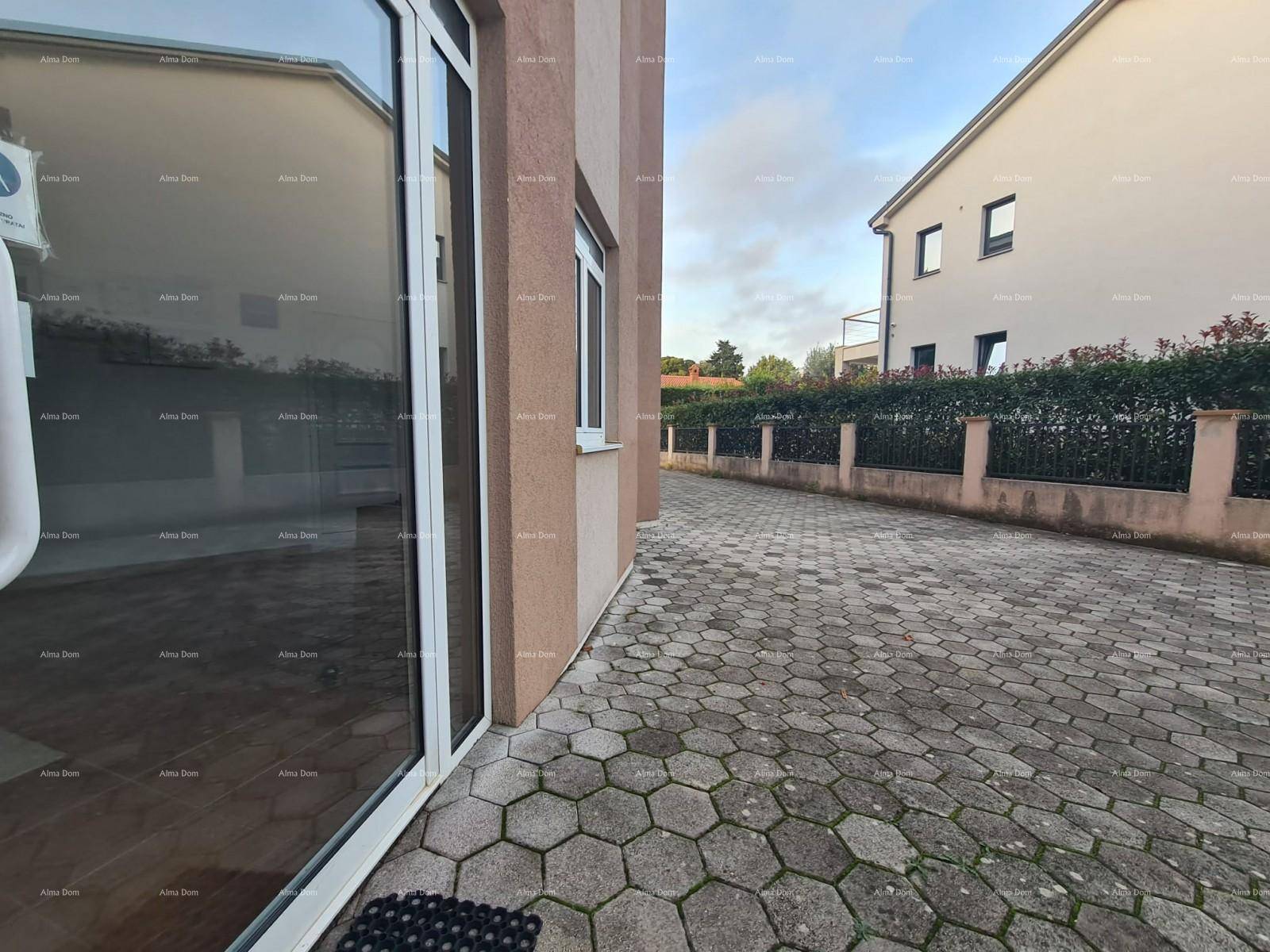 Gepflasterter Weg neben dem Gebäude mit Hecken und einem Zaun.