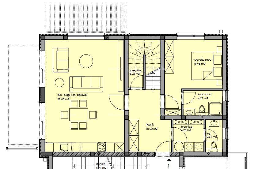 Grundriss des Erdgeschosses mit Wohnzimmer, Küche, Schlafzimmer und Badezimmer.