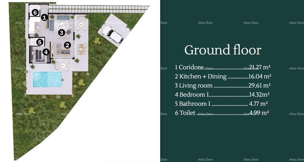 Grundriss des Erdgeschosses mit Wohnbereich, Küche und Zugang zum Pool.