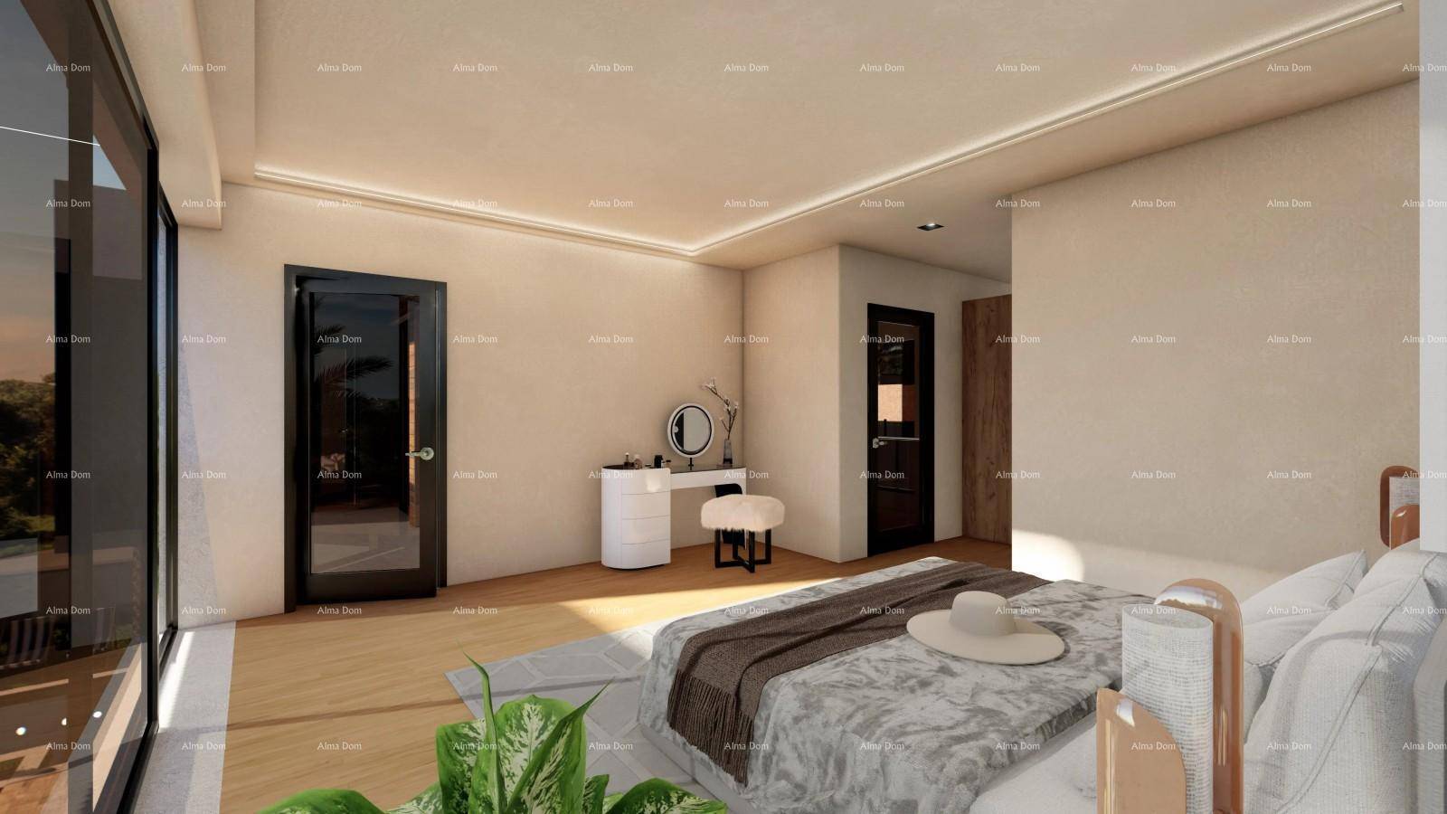Schlafzimmer mit Holzboden, Schminktisch und Zugang zu einem begehbaren Kleiderschrank.
