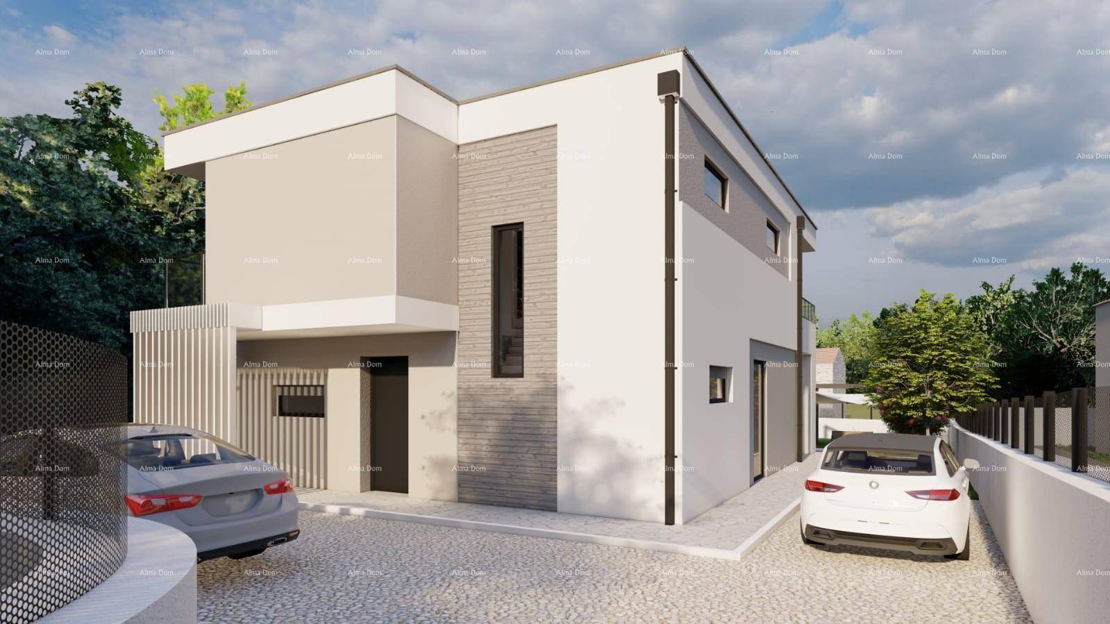 Visualisierung der modernen Hausfassade mit Eingangsbereich und gepflasterter Zufahrt für Fahrzeuge.