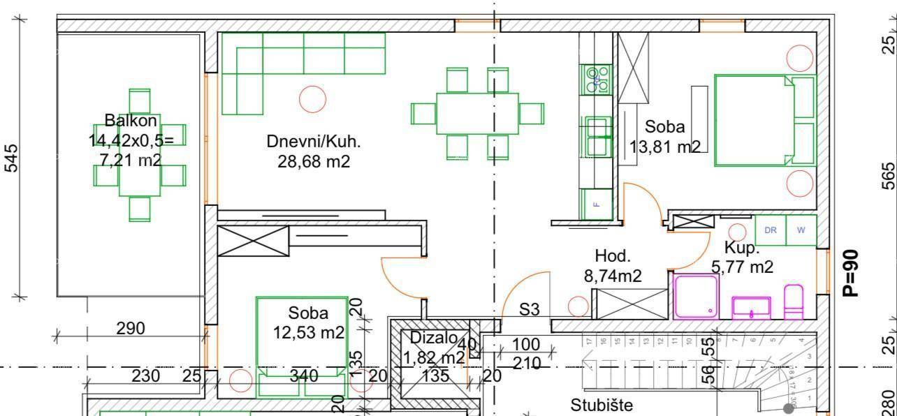 Detaillierter Grundriss einer Wohnung mit Wohn-/Küchenbereich und Balkon.