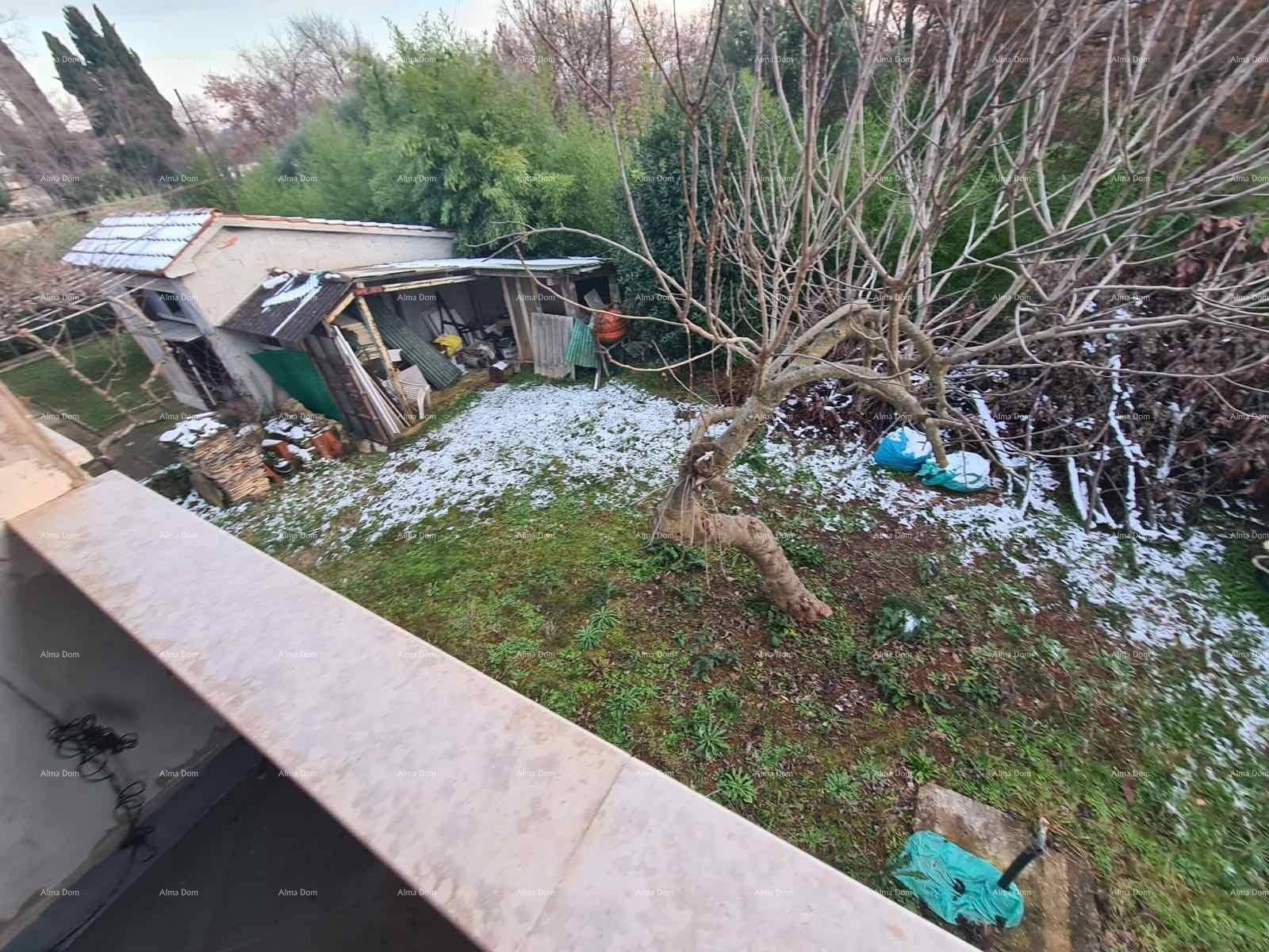 Weitläufiger Gartenbereich mit Schuppen, Bäumen und Spuren von Schnee.