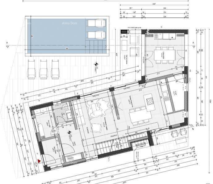 Grundriss des Erdgeschosses mit offenem Wohnbereich, Küche, Essbereich, Terrasse und Pool.