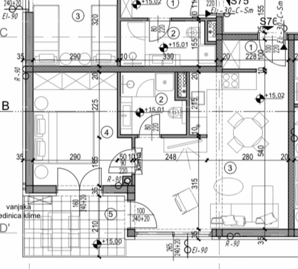 Detaillierter Grundriss der Wohnung S76 mit offener Wohnküche, Schlafzimmer und Terrasse.
