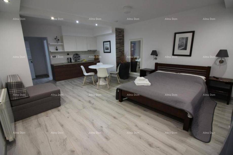 Geräumiges Schlafzimmer mit Holzbett, Küchenzeile und Essbereich, hell und modern.