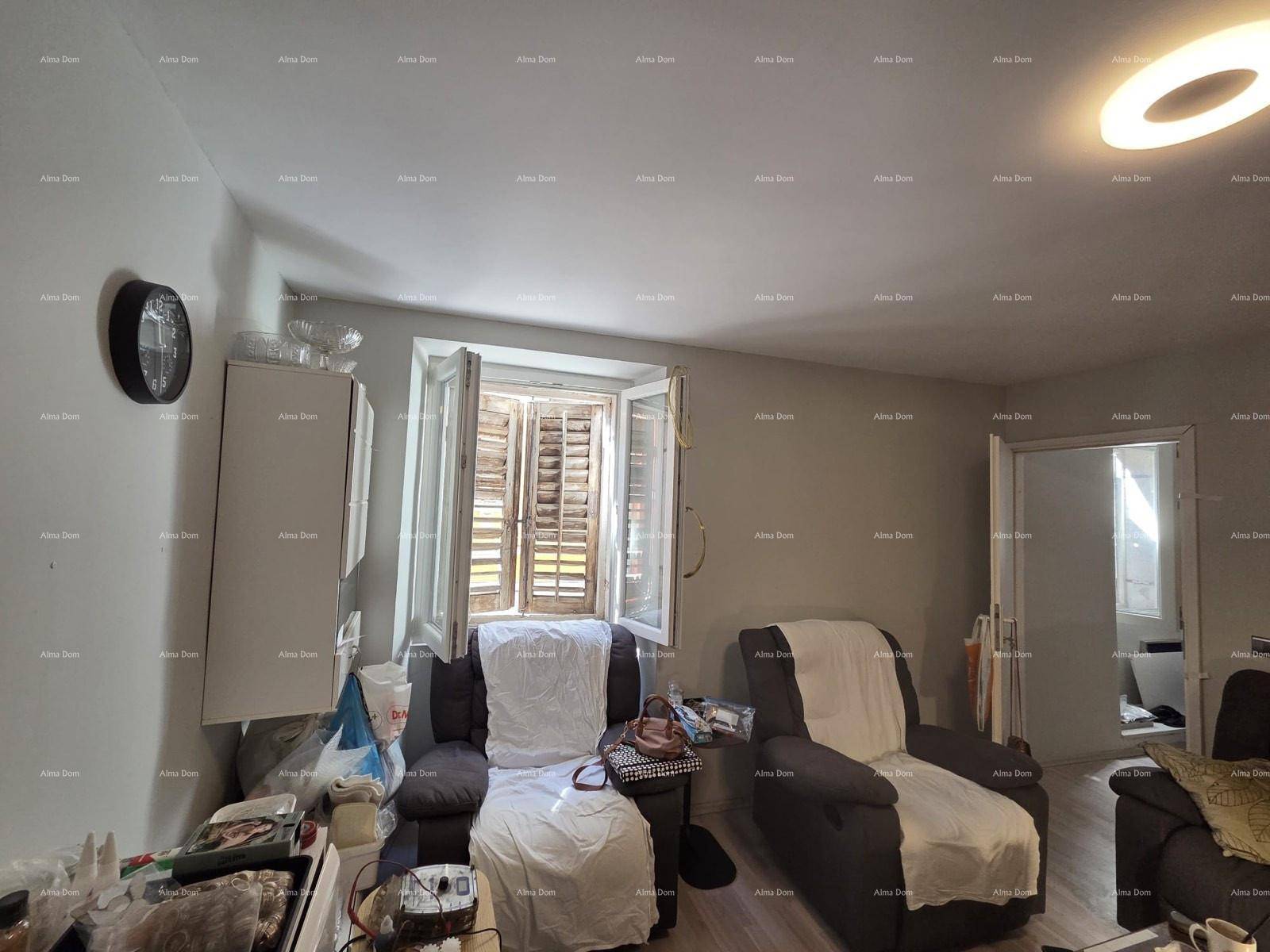 Wohnbereich mit hellem Laminatboden, Fenster mit Fensterläden und Zugang zu einem weiteren Raum.