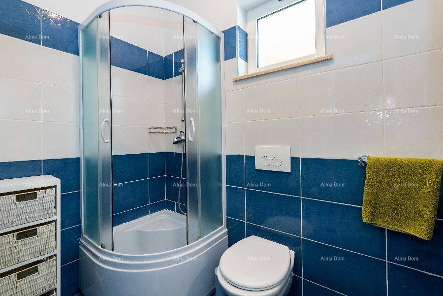 Badezimmer mit Duschkabine, WC und auffälligen blau-weißen Fliesen.