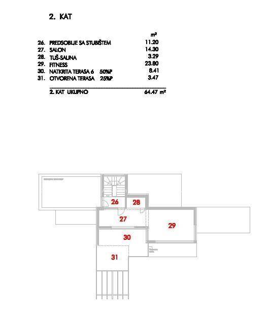 Grundriss des zweiten Obergeschosses mit Salon, Fitnessraum und Terrassen.