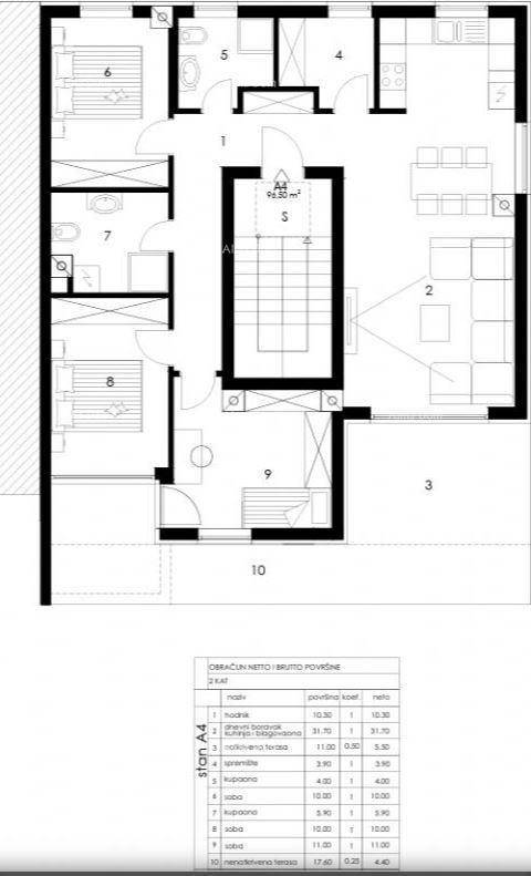 Grundrissplan mit offenem Wohnbereich, mehreren Schlafzimmern, Bad, Gäste-WC und Terrasse.
