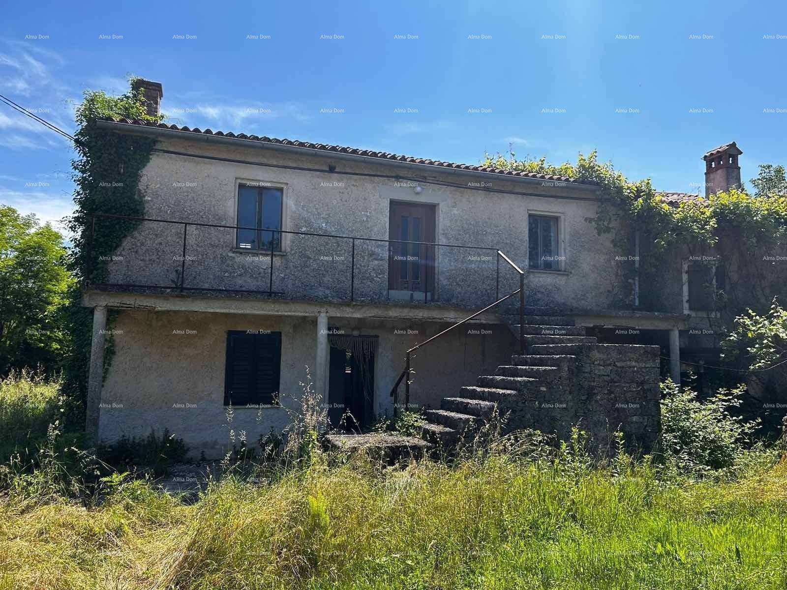 Verfallenes Landhaus mit bröckelndem Putz und starker Vegetation, unter blauem Himmel.